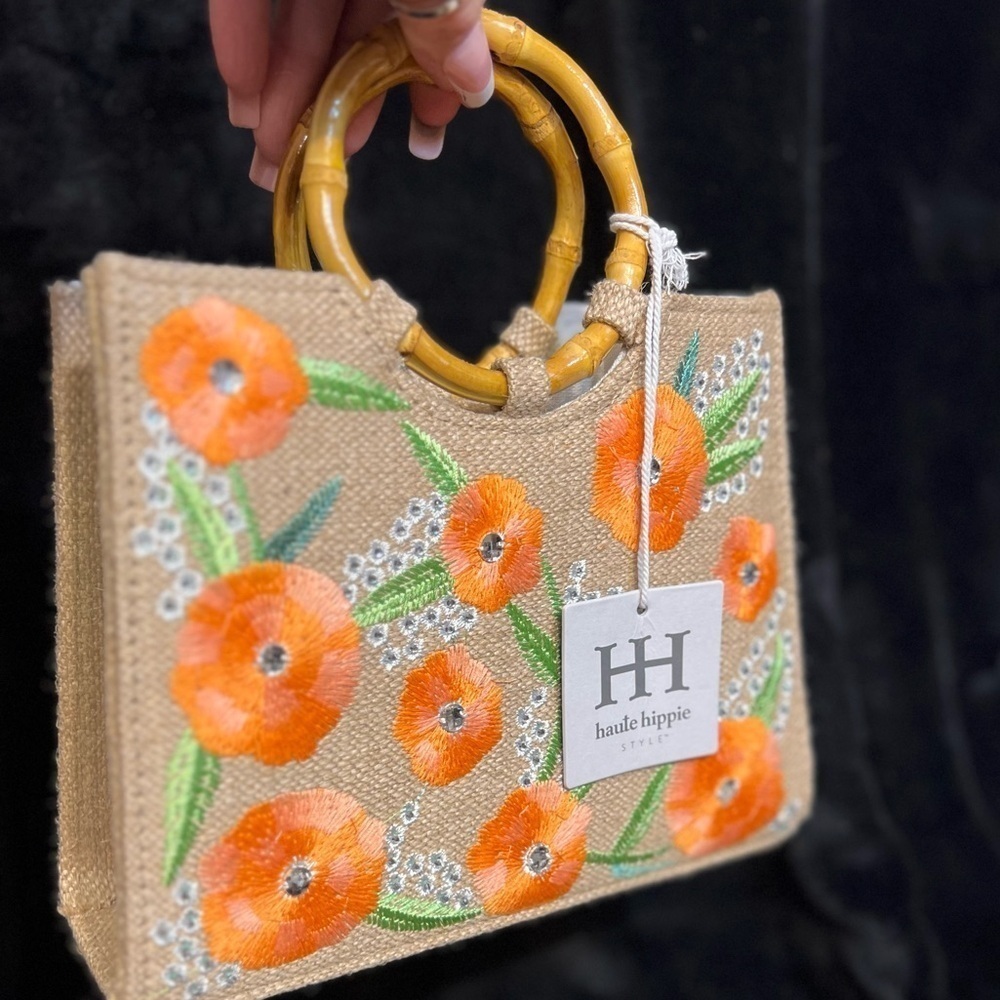 💐Haute Hippie Orange Floral Rhinestone accent Tote with Bamboo Handles-💐NWT - Picture 9 of 13
